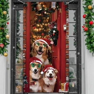 Christmas Door Cover Cute Santa Dogs Front Door Covers Decoration 71x36 Inch, Me - Picture 1 of 5