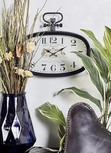 Oval Wall Clock Pocket Watch Style Rustic Vintage French Nostalgia Black 16" New - Picture 1 of 24