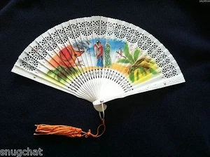 Vintage Korean Asian Romantic Garden Fruit Orchard Scene Plastic Metal w/ Tassel - Picture 1 of 11