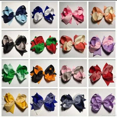 5.5" 2 Colours Big Hair Bow Clip Pin Gingham School Alligator Clips Accessories - Image 1 of 2
