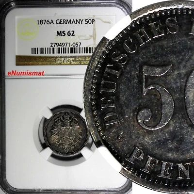 Germany-Empire Wilhelm I Silver 1876 A 50 Pfennig NGC MS62 Nice Toned KM# 6(057) - Image 1 of 4