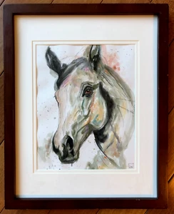 Arte original de retrato de caballo con tinta y acuarela por Lawn Walker 8x10" enmarcado - Imagen 1 de 6