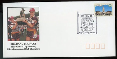AUSTRALIA 1992 FIRST DAY COVER, BRISBANE BRONCOS WINFIELD CUP PREMIERS !! N67 - Image 1 of 2