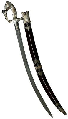 Elephant Carved Antique Reproduction Damascus Steel Rajput Shahi Talwar Sword - Image 1 of 4