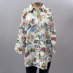 Chico's Top Women 1 / M Stamp Printed 100% Linen No Iron Button Up Shirt Coastal - Picture 1 of 11