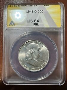1948 D Franklin Half Dollar MS64 FBL ANACS 50c 