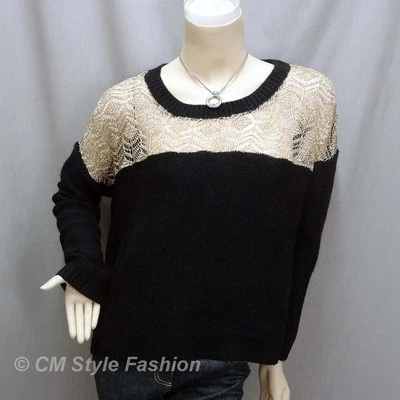 Suéter Top Tejido Crochet Ojales Hombro Caído Dorado Negro L Foto 1 de 4