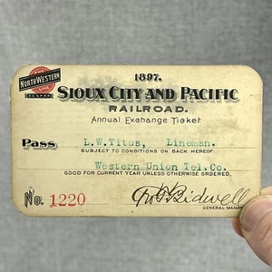 1897 Sioux City & Pacific Railroad Pass - Lineman Titus Western Union Co. - Picture 1 of 4