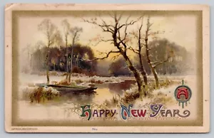 Tarjeta postal John Winsch 1910 Feliz Año Nuevo Invierno Arroyo Barco Salida del sol Vista del río - Imagen 1 de 3