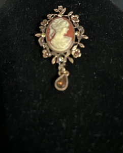 Vintage Victorian Look Rhinestone Cameo Brooch Drop Pendant Bronze - Picture 1 of 4