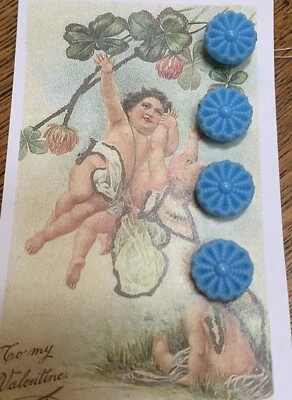 Set of 4 Vintage 1/2” Blue Flower Glass Buttons~Pre WWII~new/old stock - Image 1 of 2