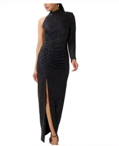 Aidan By Aidan Mattox Metallic Blue Mock-Neck One-Sleeve Gown Size 6 Maxi Dress - Picture 1 of 14