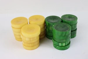 30 bakelite backgammon chips green & yellow swirls 1.75" diameter 3/8" thick - Picture 1 of 6