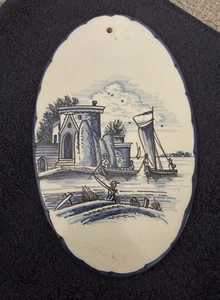 Delft Holland Hand Painted Fishing Scene with Houses and Church Oval Wall Plaque - Picture 1 of 5