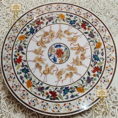 36" Round White Marble Table with pietra dura Multicolor Inlay coffee table - Image 1 of 4
