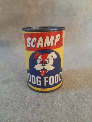 Lata de comida para perros Terrier de colección etiqueta de papel Scamp comida para mascotas Thrico Company Foto 1 de 4