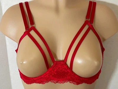 L VICTORIA'S SECRET Unlined STRAPPY Bra OPEN Cup Balconet Lace & Fishnet Sexy - Image 1 of 4
