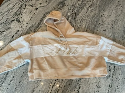 Victoria Secret ROSA Tostado Blanco Rayas Recortada Sudadera con Capucha XL Foto 1 de 4