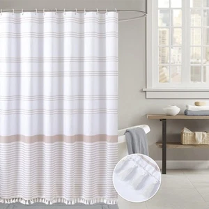 Microfiber Fabric Boho Beige Striped 72"x72" Shower Curtain Sets with White T... - Picture 1 of 6