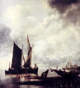 Oil painting jan van de capelle - boats in shallow water nice seascape canvas - Picture 1 of 1
