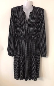 WITCHERY Polka Dot Long Sleeve Fit Flare Dress Size 12 M V-Neck Navy White Short - Picture 1 of 17