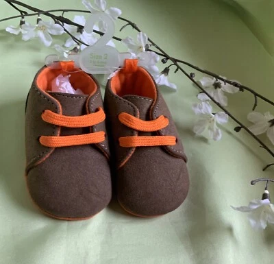 Bebé Niño Imitación Gamuza Encaje Frontal Caqui Y Naranja Zapatillas Zapatos Talla 2-Nuevos Foto 1 de 4
