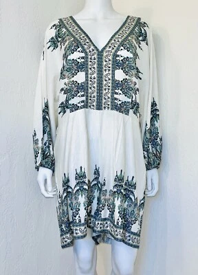 NWOT Venus White Multi Paisley Linen Blend Blouson Slv Romper Size 16 *NO Belt* - Image 1 of 4