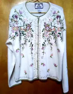 Cardigan TIARA M vintage avorio bianco rosa viola ricamato paisley perle perline - Foto 1 di 13