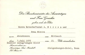 Germany, 1976, Vintage Dinner Invitation - Federal Minister of Foreign Affairs - Picture 1 of 1