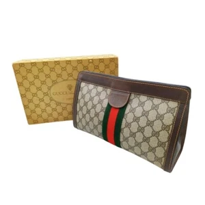 GUCCI GG Web Sherry Line Clutch Bag Pouch Brown Auth W/Box - Picture 1 of 13