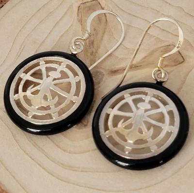 Nautical Anchor and Ship Wheel Hoop 925 Sterling Silver Dangle Pierced Earrings - Image 1 of 4