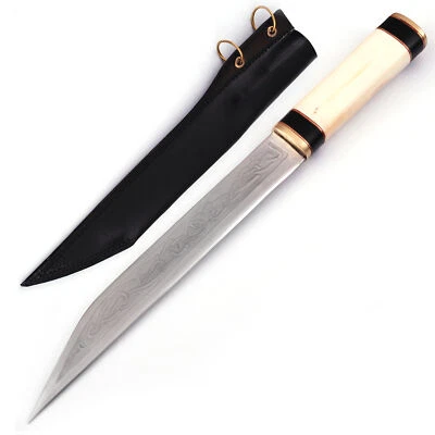 Viking Seax Knife 10" Stainless Steel Blade Camel Bone Handle w/ Leather Sheath - Image 1 of 4