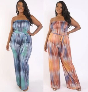 Women's Plus Size Printed Tube Belted Jumpsuit Strapless Wide Leg Pant Romper - Picture 1 of 11