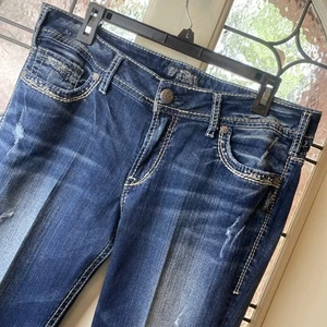 Silver Women's Suki Mid Rise Slim Boot Blue Denim Jeans Size 34W /33L Stretch - Picture 1 of 14