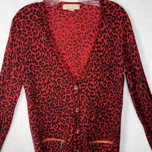 MICHAEL KORS Sweater Cardigan Women's L Red  Black All Over Print Leopard Gold - Picture 1 of 12