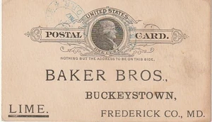 Buckeystown MD Baker Bros. Lime 1887 Postkarte UX9 B&O R.R. Poststempel - Bild 1 von 2