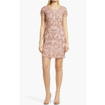 Pisarro Nights Beaded Mesh Cocktail Dress Dusty Pink 2 - Image 1 of 4