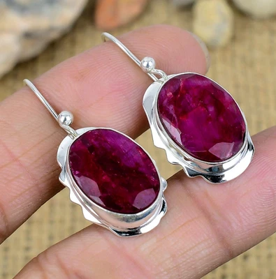 Ruby Lab-Created Gemstone Jewelry Handmade 925 Sterling Silver Earring For Her - Image 1 of 4