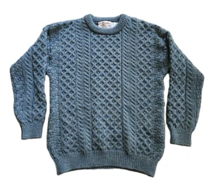 Aran Sweater Market Size XL Blue Green Wool Fisherman Chunky Cable Knit Ireland  - Picture 1 of 5