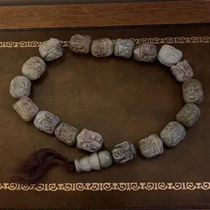 Antique Natural Jade Jadeite Tibetan Prayer Beads Carved Buddha 18 Immortals - Picture 1 of 9