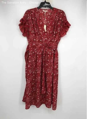 Max Studio Damen Rot Blumen Surplice Ausschnitt Kurzarm Midi A-Linie Kleid Größe S - Bild 1 von 4