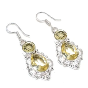 Lemon Quartz Gemstone Handmade 925 Sterling Silver Jewelry Earring Size 1.8" - Picture 1 of 1