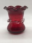 Vintage Ruby Red Hand Blown Glass Vase Ruffle Rim 5” Applied Clear Band