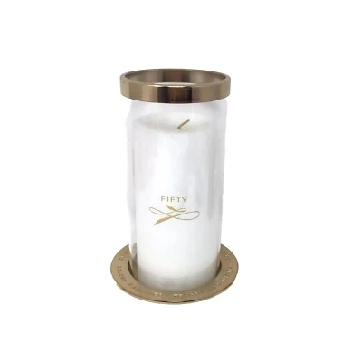 Vtg 50th Anniversary Candle And Holder Glass Gold Tone Metal Hallmark Ivy Lane  - Image 1 of 4