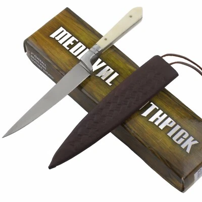 Medieval Toothpick Fixed Blade Knife Bone Handle Leather Sheath - Image 1 of 4