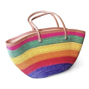 Vintage Colorful Woven Straw Beach Tote Bag Large 19x11 Double Handles Zip Boho - Picture 1 of 6