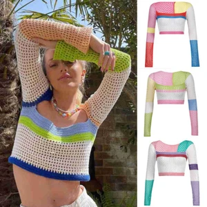 T-Shirts Beach Top Vintage Long Casual Fashion   Crop Patchwork Knitted  Sleeve - Picture 1 of 21