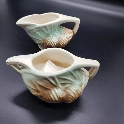 Vintage 1946 McCoy Art Pottery Creamer And Sugar Green With Pinecones READ (J) - Image 1 of 4