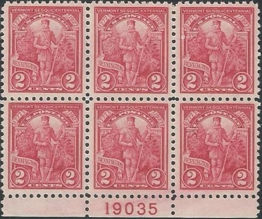 Plate Block of 6 stamps - Scott 643 - 2 cent - Bennington, VT - 1927 - MNH - Image 1 of 1