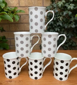 Set of 6 Polka Dot Black & Grey Fine Bone China Mugs Tea Coffee Cups - Picture 1 of 2